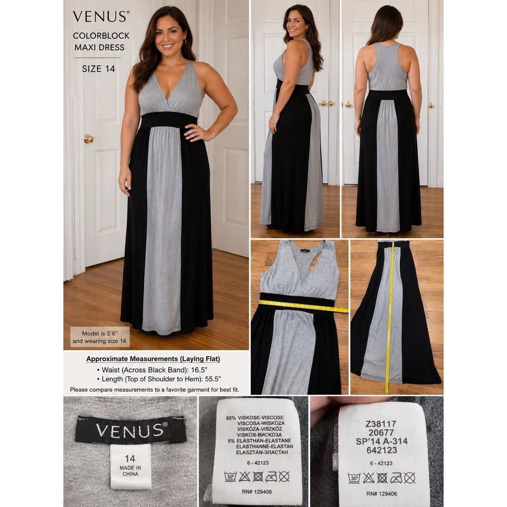 VENUS Women’s Colorblock Maxi Dress Size 14 Gray Black Racerback Sleeveless